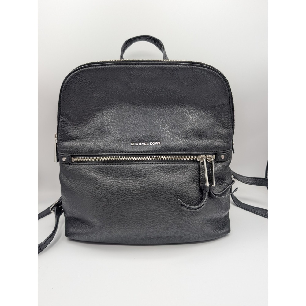 Michael Kors Black Pebbled Leather Backpack Silver Hardware Zip Pockets